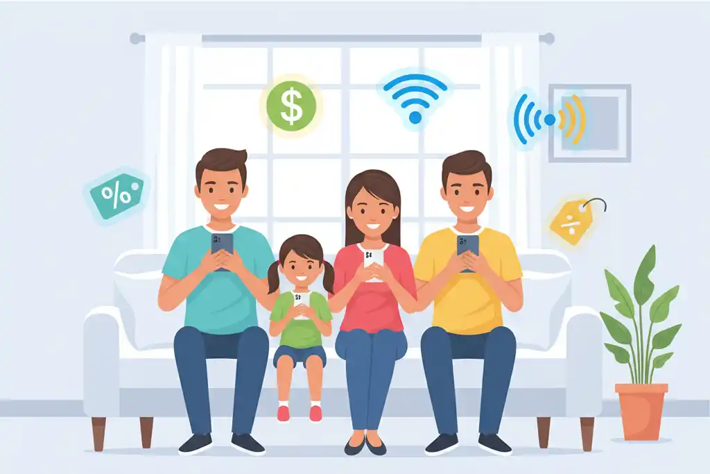 Orbit Cellular: Complete Guide for Everyday Users 5 "Happy family using smartphones together, representing Orbit Cellular affordable plans, strong connectivity, and reliable service."
