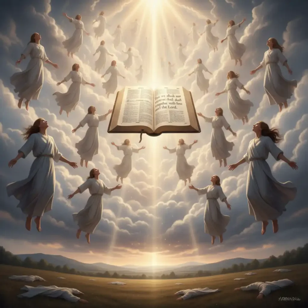 “Illustration of the rapture Bible verse with believers rising in clouds and an open Bible glowing with heavenly light.”