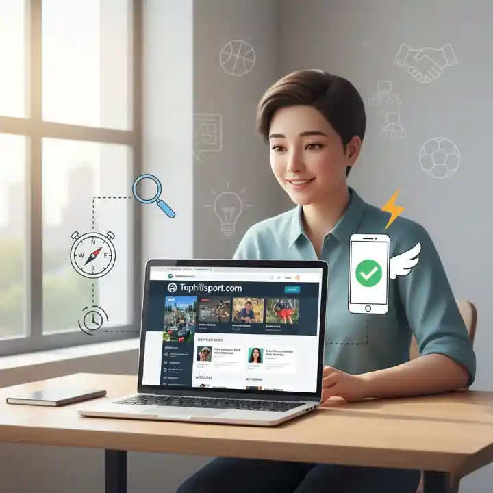 Business professionals discussing strategies with a laptop showing Tophillsport.com, highlighting sports, business, and technology content.