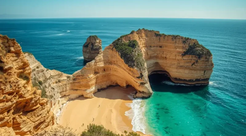 “Praia da Marinha Algarve one of the best beaches in Portugal with golden cliffs and turquoise Atlantic water”