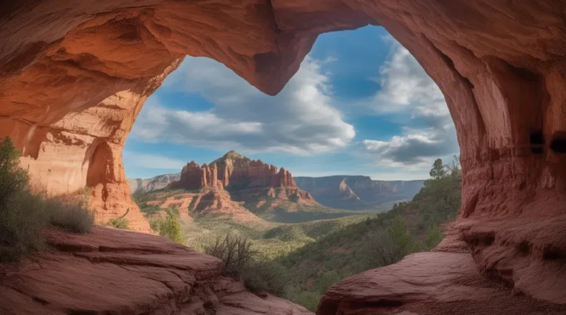 Heart-shaped opening of the Birthing Cave Sedona with red rock views and blue sky