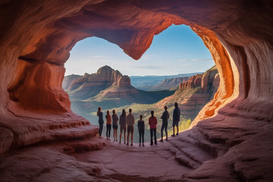 Birthing Cave Sedona: Trail Stats, Map, Best Time & Photos 2 Inside view of the Birthing Cave Sedona with hikers and panoramic red rock scenery