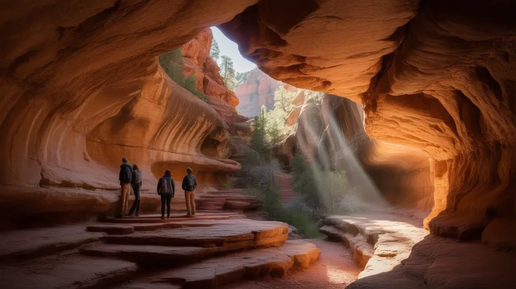 Boynton Canyon Trail Sedona 2025: Subway Cave, Vortex, Parking & Hiking Tips 2 Hikers inside the Subway Cave on Boynton Canyon Trail with sunlight streaming through the opening