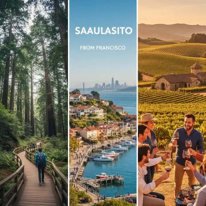 Collage of day trips: best things to do in San Francisco nearby like Muir Woods, Sausalito, Napa Valley