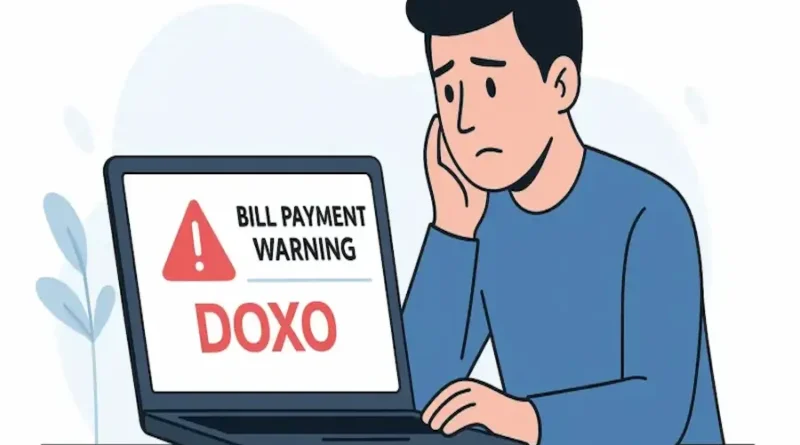 "Concerned person looking at a laptop screen showing a bill payment warning with DOXO warning in red, illustration for online payment safety blog."