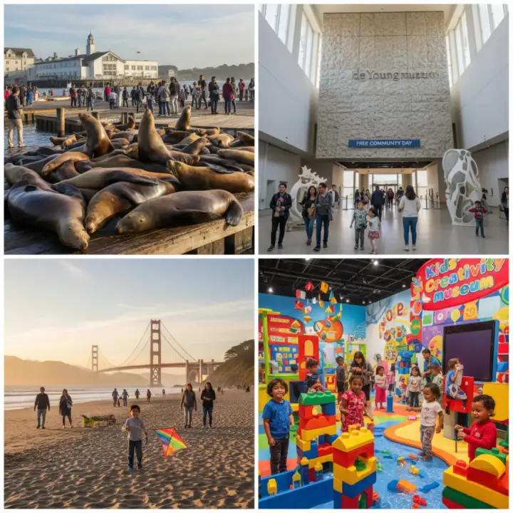Collage of family-friendly and free things to do in San Francisco like Pier 39, Baker Beach, kids museum