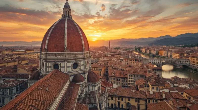 Panoramic view of Florence attractions including the Duomo, Giotto’s Bell Tower, and Ponte Vecchio at sunset.