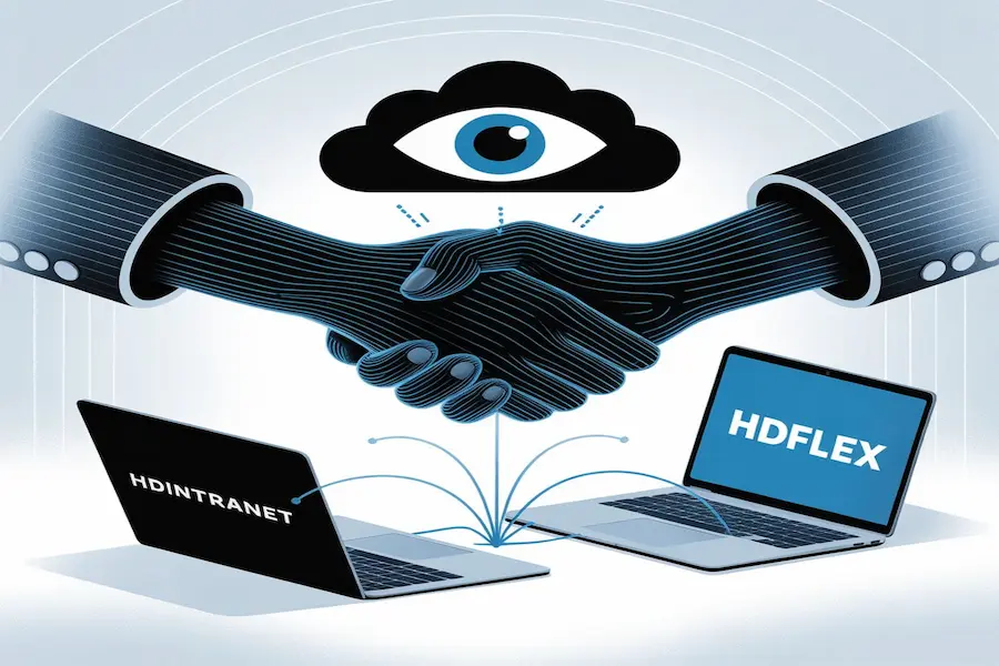 "Laptop with HDIntranet dashboard linking to HR and HDfleX, showing secure integrations."