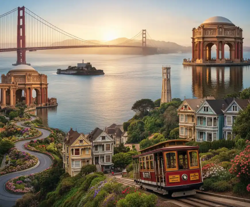 Collage of iconic landmarks showing Golden Gate Bridge, Alcatraz, Painted Ladies, cable car — top things to do in San Francisco