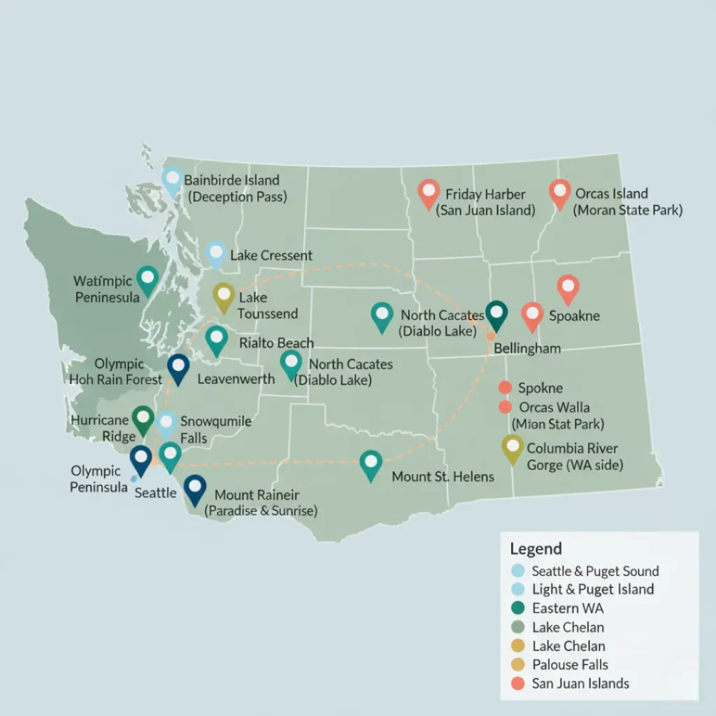 Interactive map with pins showing the best places to visit in Washington State including parks, cities, and islands.