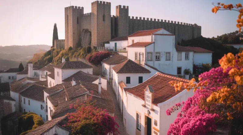 “Aerial view of Óbidos Portugal medieval village with castle walls and whitewashed houses.”
