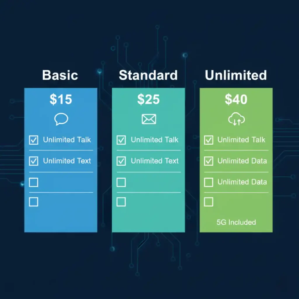 Orbit Cellular: Complete Guide for Everyday Users 3 "Orbit Cellular pricing plans comparison showing $15 basic with unlimited talk and text, $25 standard, and $40 unlimited with 5G included."