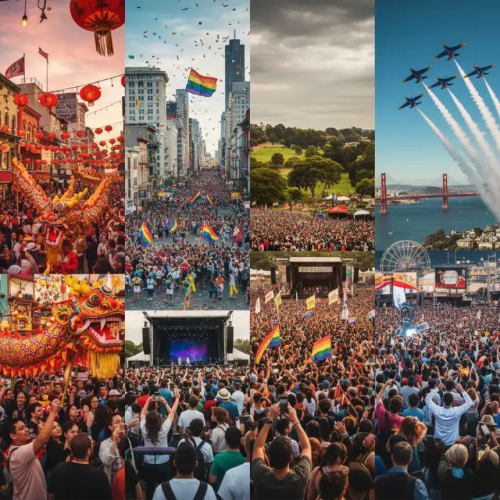 Collage of seasonal events — exciting things to do in San Francisco like Pride Parade and Outside Lands