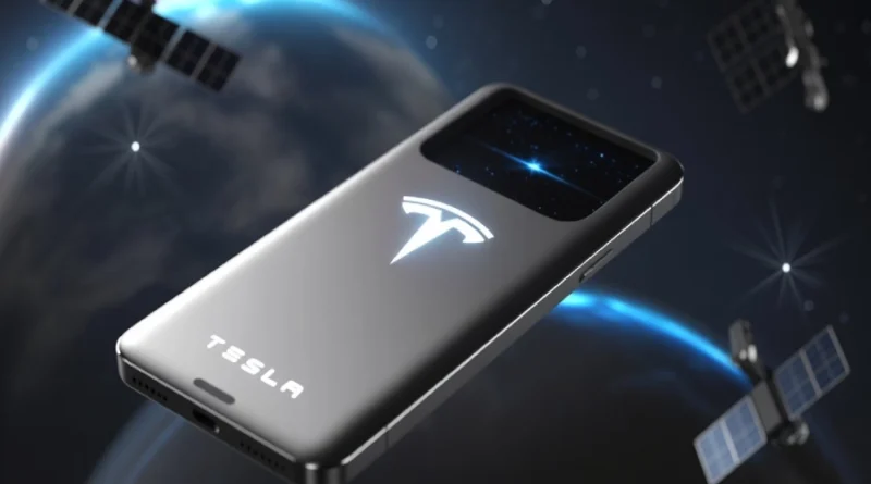 “Tesla Pi Phone 2025 concept design showing Starlink satellite internet and solar charging futuristic smartphone”