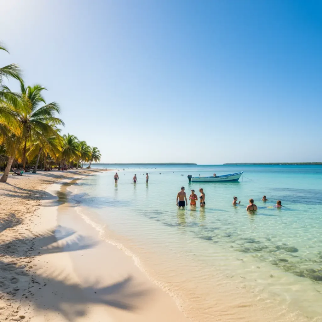 “Things to do in Cartagena – relaxing at the Rosario Islands with white sandy beach, turquoise Caribbean water, palm trees, and tourists swimming and snorkeling near boats”