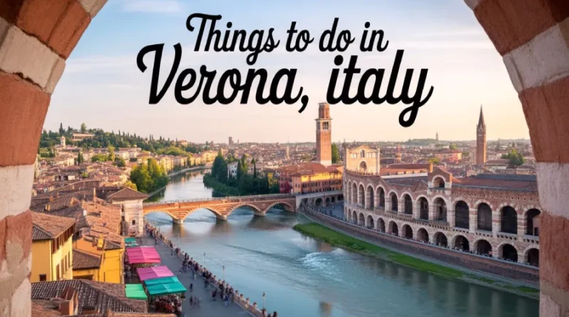 “Collage of Verona: Arena di Verona, Ponte Pietra, Piazza delle Erbe, and Juliet’s Balcony at sunset.”