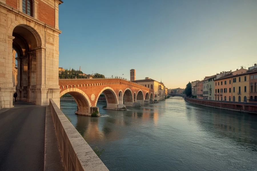 Things to Do in Verona Italy 2025 2 Things to do in verona Italy: Golden hour view of Ponte Pietra and the Adige river in Verona with warm light and clear details.”