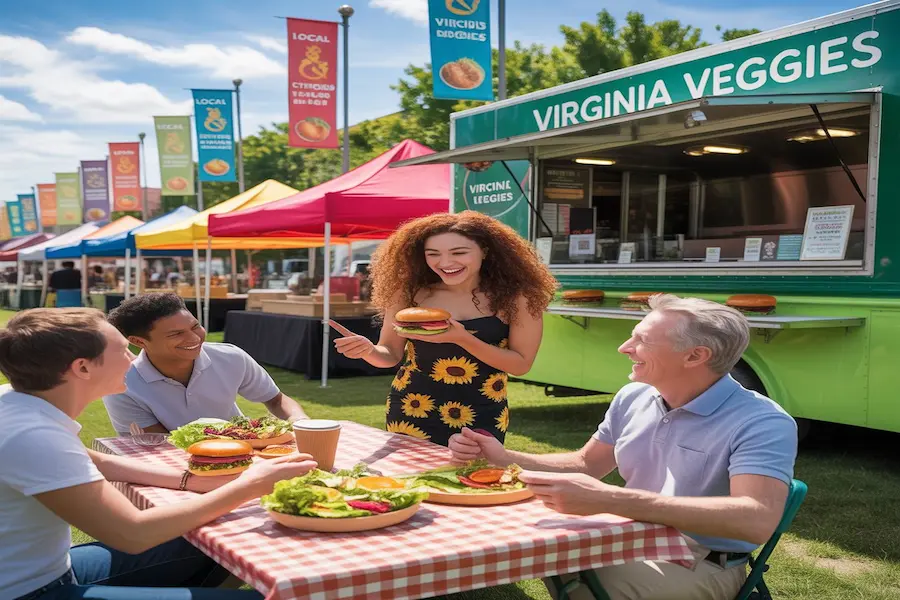A lively vegetarian festival in Richmond, Virginia, with colorful tents and food trucks. People of all ages are enjoying fresh vegetarian dishes like salads, veggie burgers, and smoothies.