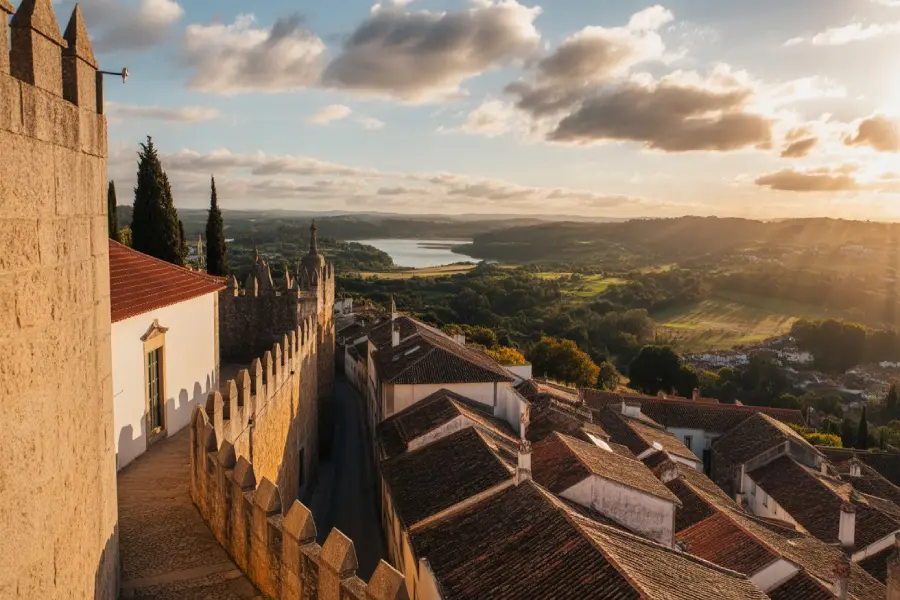 Obidos Portugal: A Fairytale Town Worth Visiting 2 “Panoramic view from Óbidos Portugal medieval walls showing rooftops and Óbidos Lagoon.”