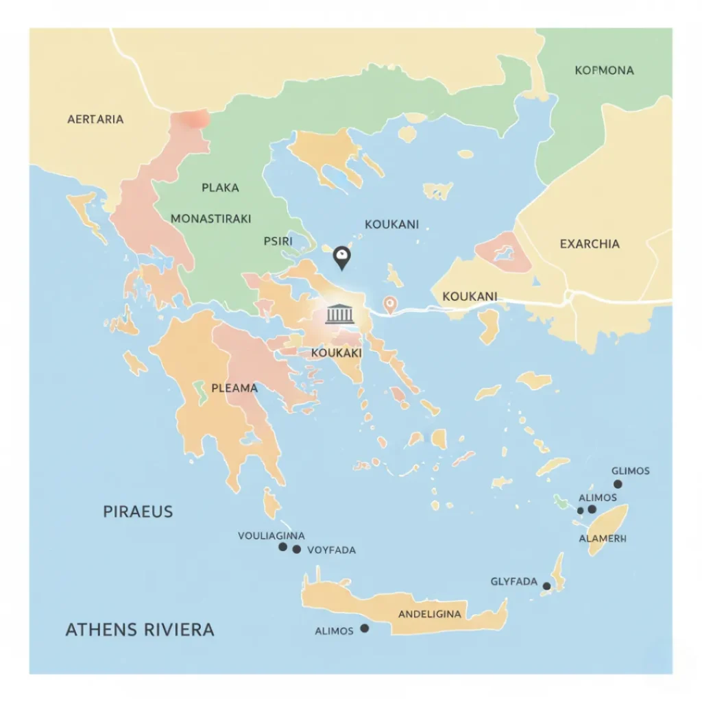 Where to Stay in Athens map showing Plaka, Monastiraki, Psiri, Koukaki, Kolonaki, Exarchia, Piraeus, and Athens Riviera areas