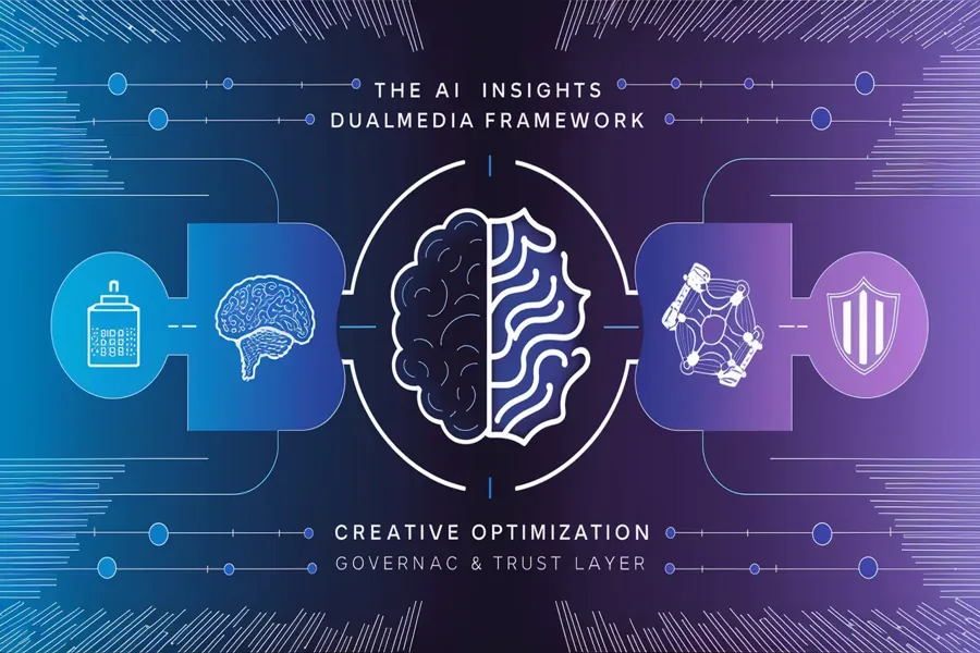 Infographic explaining the AI Insights DualMedia framework with four layers — Data Fusion, Predictive Layer, Creative Optimization, and Governance & Trust.