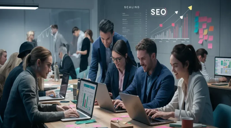 Team using AI SEO tools to scale agile solutions in a modern office.