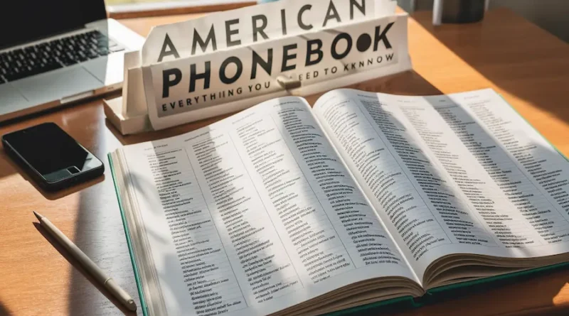 "Open American phonebook on desk with names and numbers, beside smartphone and laptop, symbolizing directories."