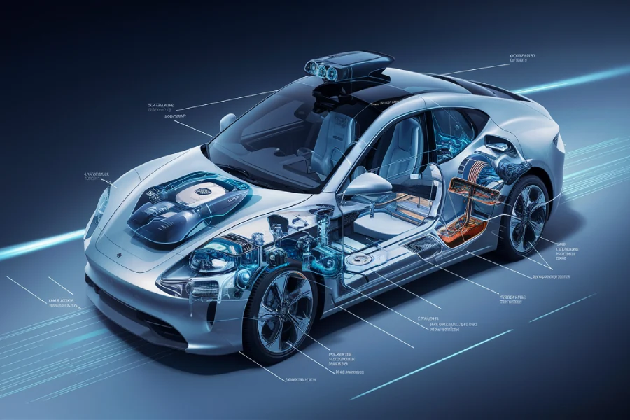 “Infographic diagram of an autonomous vehicle explaining sensors like lidar, radar, and cameras working with AI and onboard computer systems to make self-driving technology possible.”