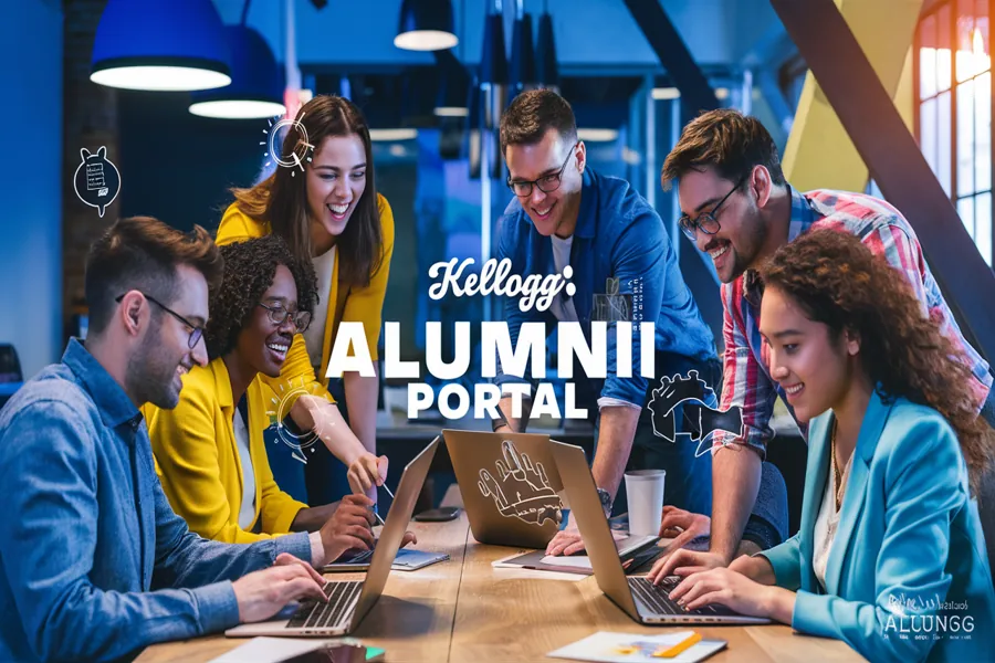 “Kellogg alumni collaborating through the Kellogg Alumni Network portal and innovation login platform.”