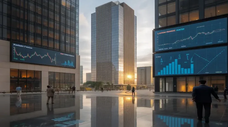 "Modern Lakshmi Finance Center skyscraper with digital charts and golden light, symbolizing wealth and growth."
