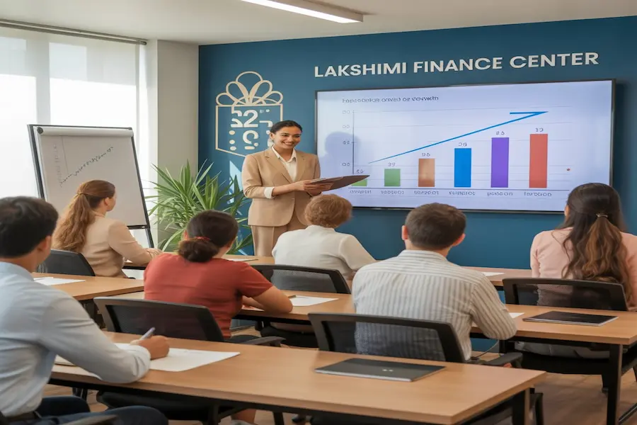 Lakshmi Finance Center: Building Wealth and Financial Confidence 2 "Financial class at Lakshmi Finance Center teaching budgeting, saving, and safe investing with digital charts."