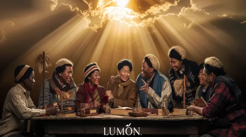 "Golden sunlight shining on people sharing stories and traditions, symbolizing the meaning of Lumon."