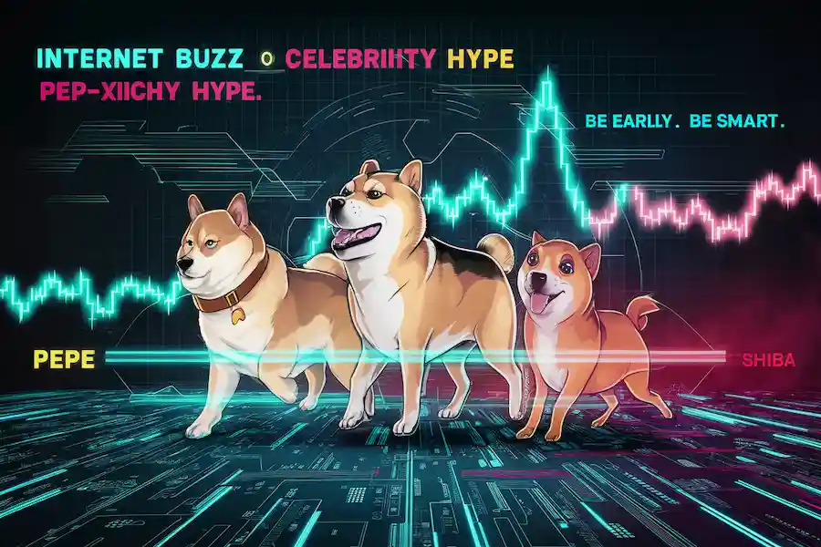 Crypto Trader Profit Memecoin PEPE: Real Facts & Tips 2 "Futuristic crypto poster comparing Dogecoin, Shiba Inu, and PEPE with bold design and growth theme."