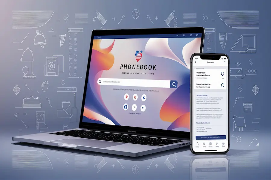 "Laptop with online phonebook search and smartphone showing reverse lookup, symbolizing modern directories."
