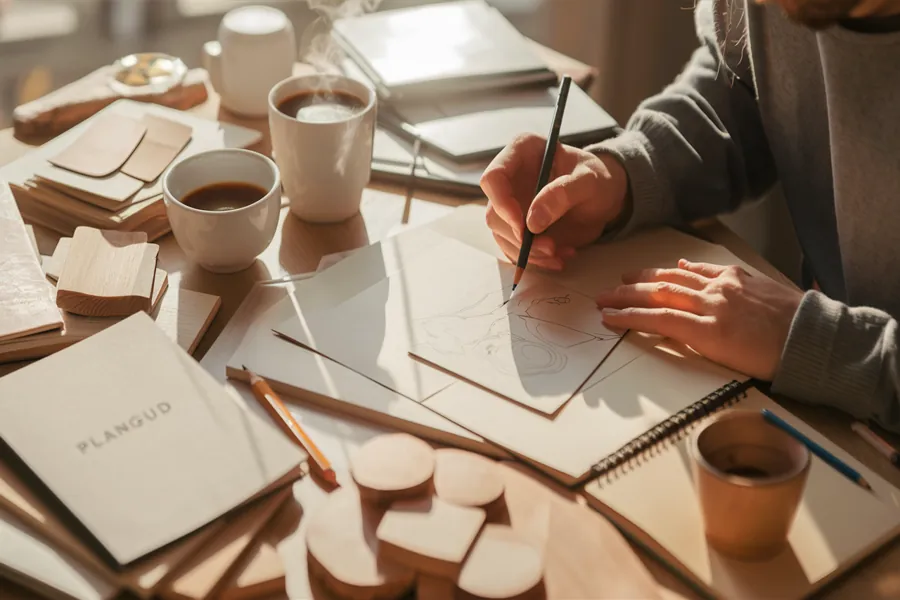 Plangud: Smart Design, Easy Collaboration & Future-Ready Planning 2 “Plangud – Creative planning process with notebook and wooden samples”