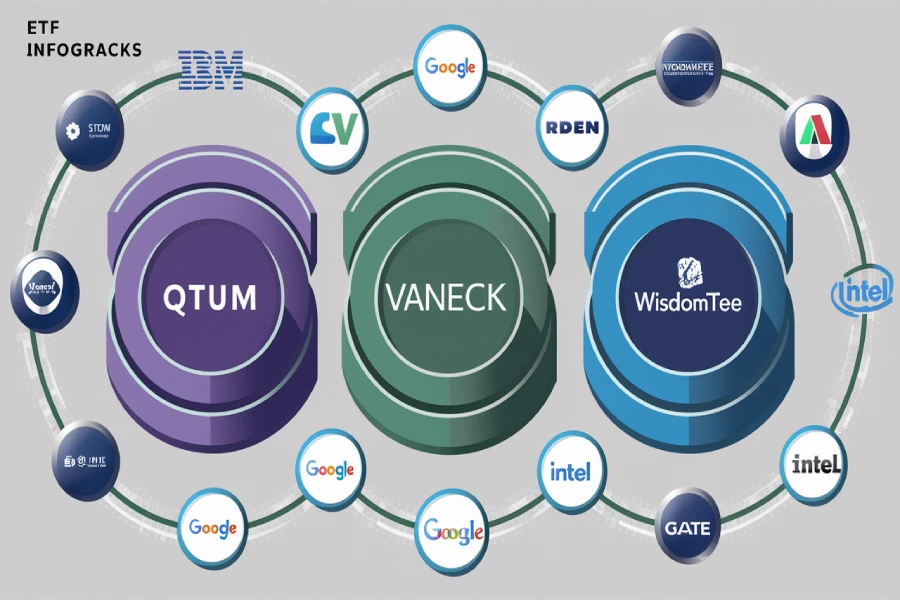 Comparison of Defiance QTUM, VanEck, and WisdomTree quantum computing ETFs with holdings like IBM, Google, and Intel.