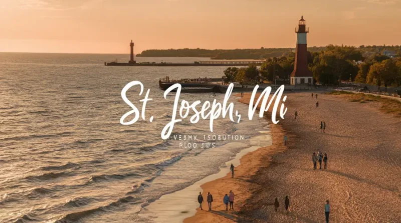 St Joseph MI Tourist Attractions — Silver Beach and North Pier Lighthouse at sunset