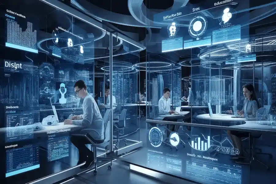 "Researchers in a digital hub filtering raw data into clear insights, symbolizing SignalHub’s role in modern research."