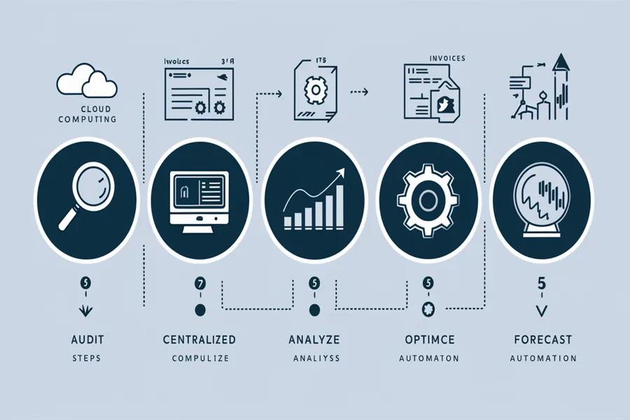 Technology Expense Management: A Smarter Way to Control Your IT Cost (2025 Guide) 2 Infographic showing the five-step process of technology expense management including audit, analyze, and optimize stages.