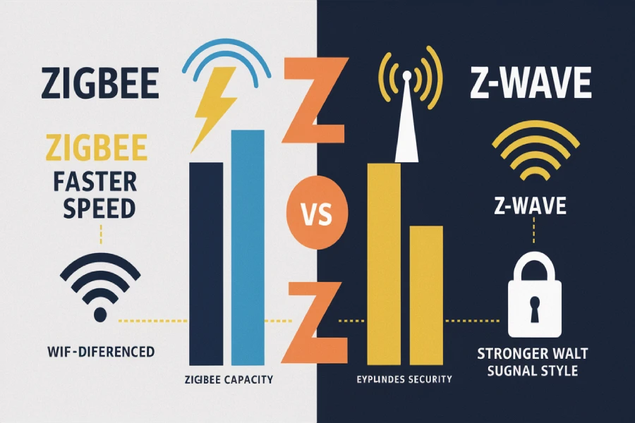 Zigbee vs Z-Wave comparison chart highlighting range, speed, mesh networking, device capacity, and security features for smart home automation