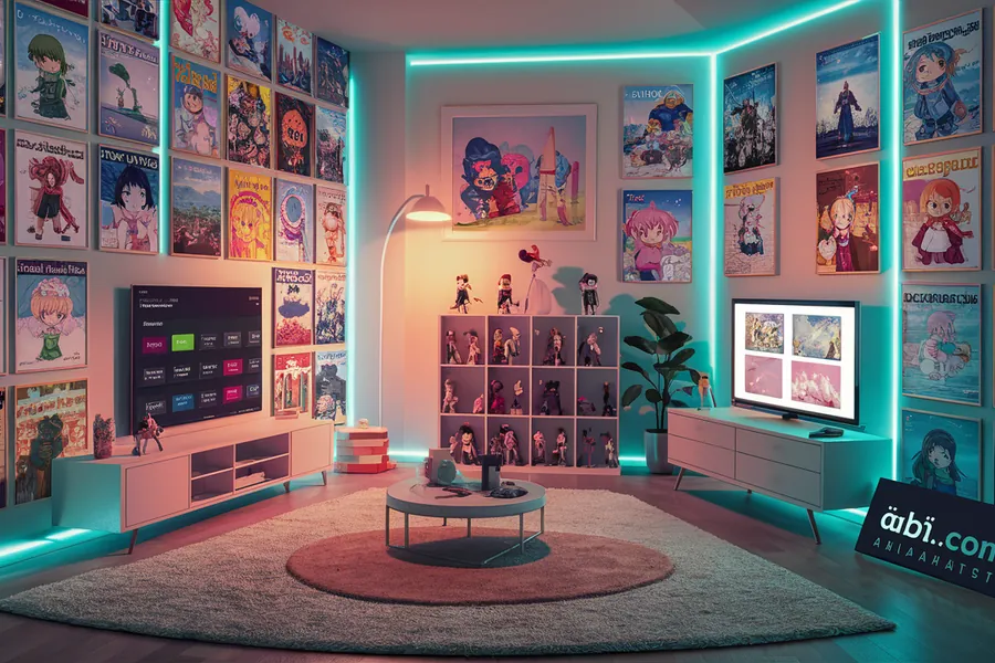 هنتاوي.com : Discover Arabic Anime Like Never Before 2 هنتاوي.com — anime-themed living room with original posters, clean streaming UI, cyan LED; Arabic Anime for all ages.